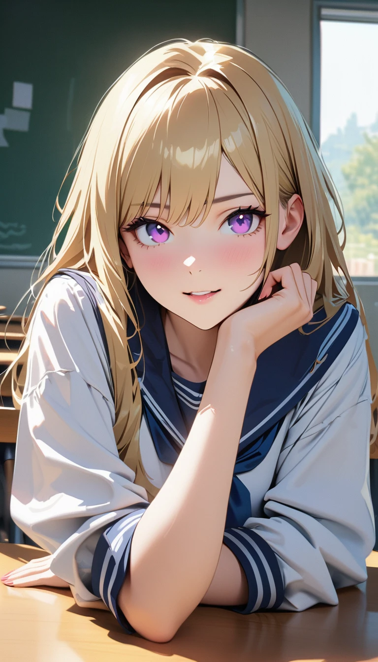 Modern, Verism, masterpiece, Textured skin, Super Detail, Highest quality, 16K , live-action、Beautiful woman ,Sailor suit, She has her chin on her hand, Looking into the camera, The setting is a high school classroom during the day. With super shiny long blonde hair.、Make up image of young woman with captivating violet eyes。A cute and cunning face