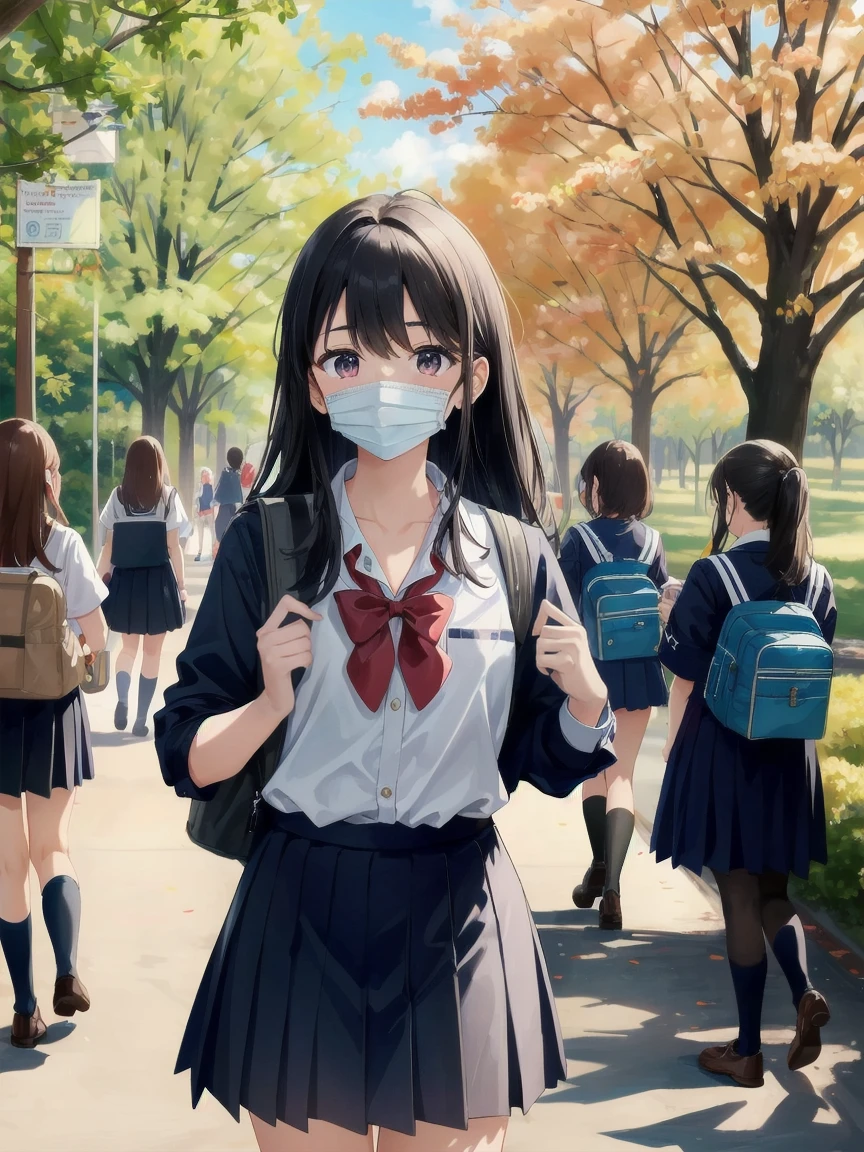 One Girl, spring, high school, , Warm colors, school bag, Accurate and highly detailed backgrounds, A group of schoolgirls in uniforms with various body types and hairstyles, cute.