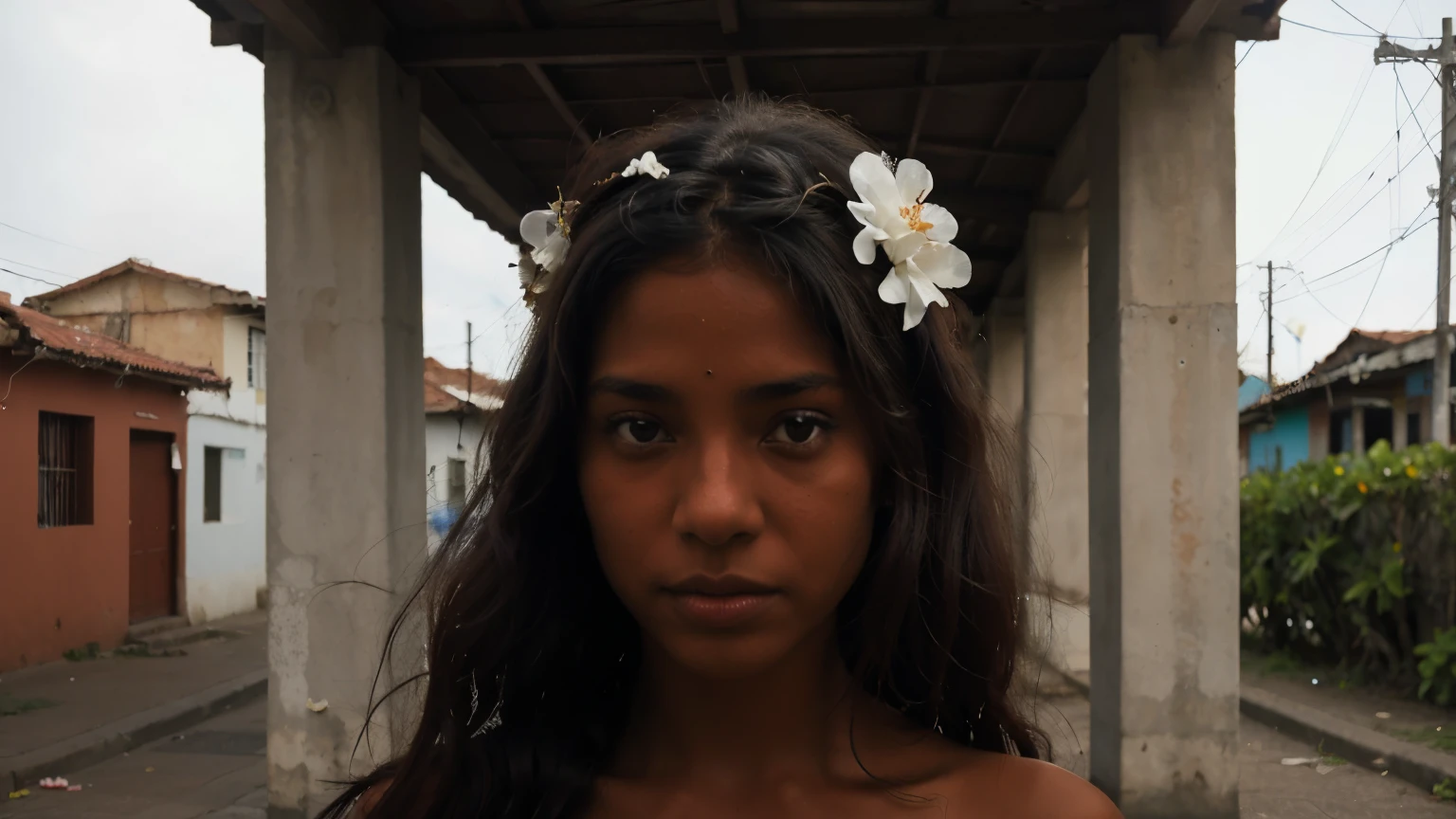 ultra quality, best quality, high definition, 1 woman, alone, beautiful woman, perfect, work of art, perfect face, perfect woman, work of art, delicate, dark-skinned, mulatto, fine feminine features, delicate, dark eyes, detailed beautiful face, black hair, olive skin, long straight hair blowing in the wind, with a red flower in her hair, short dress, simple white a little transparent, inspired by the drama (Gabriela carnation and canela), northeast of Brazil, street from the 1990s 1920s in Bahia, Brazil, beautiful Brazilian mulatta, 1920s, Bahia