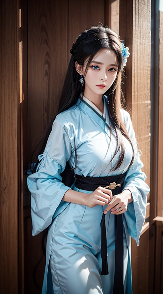 photorealistic, high resolution, soft light, 1women, solo, shining skin, blue eyes, black hair, jewelry, hanfu
