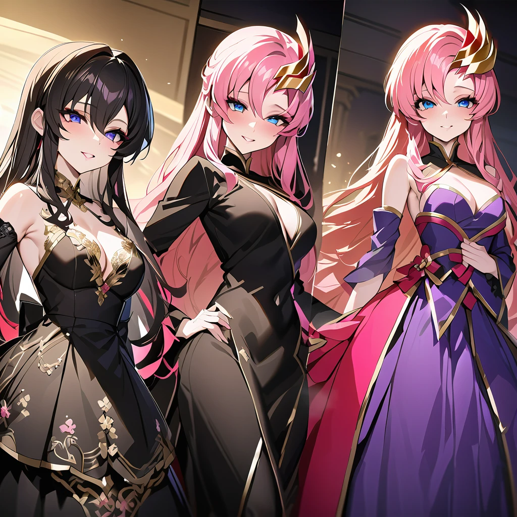 ((Highest quality)), ((masterpiece)), (detailed), (Perfect Face)、The woman is Lacus Clyne, with blue eyes, medium-long pink hair, a hair accessory, and an engagement ring. She is the beloved wife of Orpheus Ram Tao and the queen of the Foundation.、The woman is an evil queen wearing a black vintage dress with gorgeous gold embroidery and trim and lavish accessories.