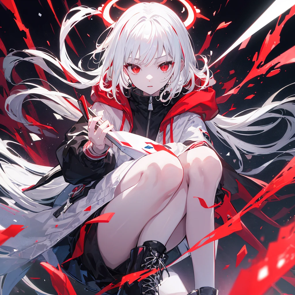 (masterpiece,Highest quality,Anime Style,atmosphere,More Information,CG rendering,Character portrait,Ray Tracing,Science,Divine sensation skylight)(Holographic Projection,White Hair,長いWhite Hair,Hair Straightening,Red Eyes,Black hooded jacket,Black boots,Surrounded by red particles),Solo