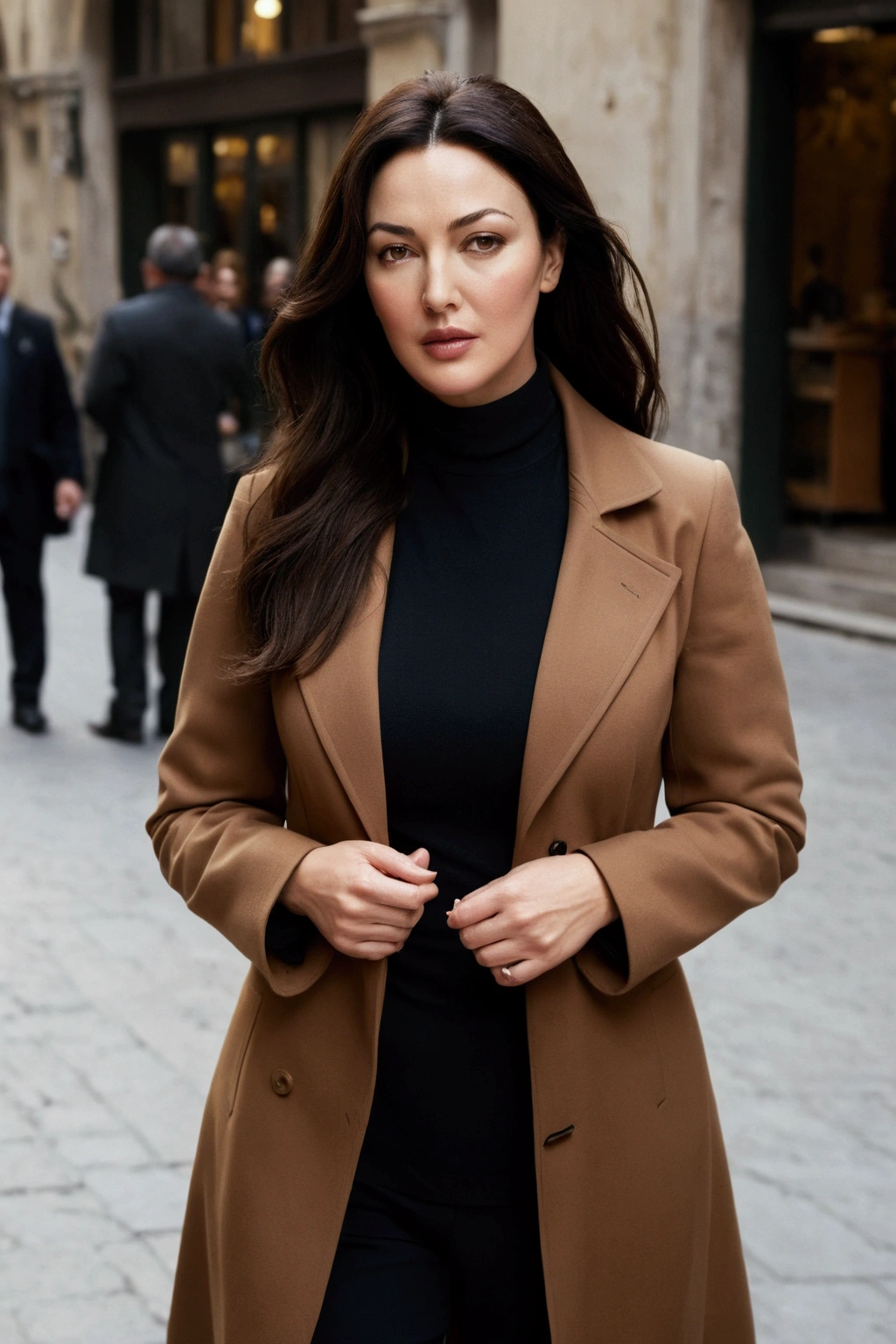 A beautiful, charming,and gorgeous  look alike of young Monica Bellucci wearing a professional fitting brown coat suit In a crowded street.