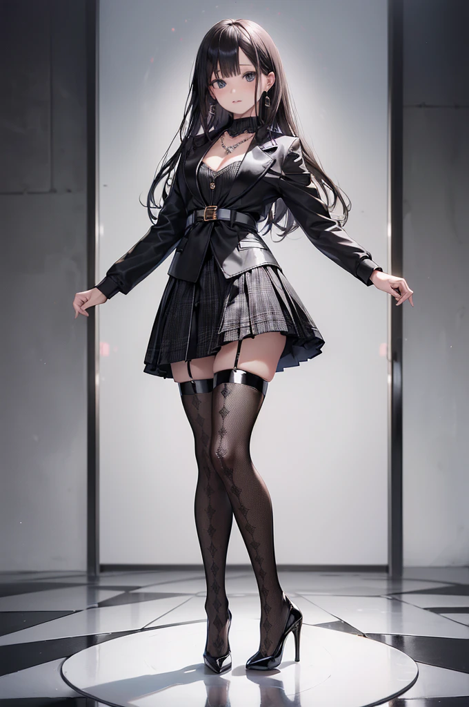 ((Biologically correct limb count)),(( From head to toe,Full-body photo including face)),4K,((Standing position)),masterpiece,((Focus on the face)),((Symmetrical facial features)),Eyes with detailed description,Beautiful woman,Great style,Beautiful arms,Beautiful legs,Beautiful Hands,(Small Ass,Thin thighs),Facial detailing,Small earrings,necklace,(Tricolor patent leather blazer,Checked mini skirt((Black high heels,Black patterned stockings))),Realistic photo,Lying on the floor,Low angle photo