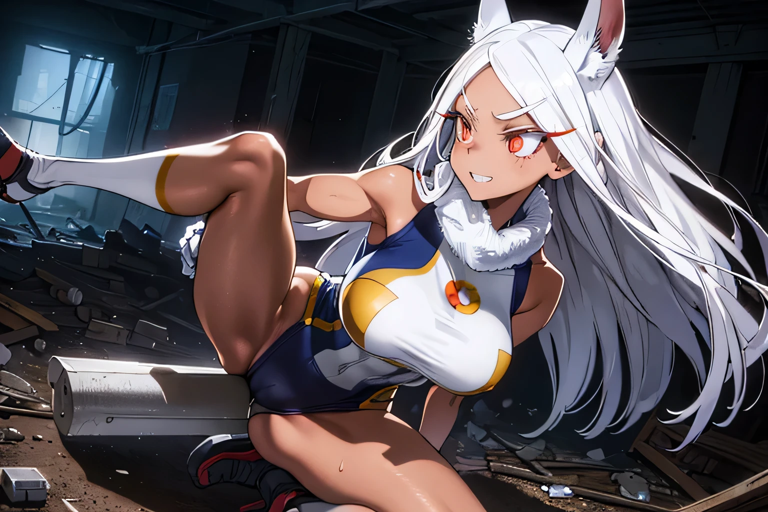 Abandoned building, peeling wallpaper, broken windows, dusty floors, Spooky atmosphere,rubble,weed,Collapsed building,
Rumi Usagiyama, long hair, animal ears, white hair, rabbit ears, dark-skinned female, muscular,
rabbit girl, muscular female, (red eyes:1.5), (parted bangs:1.5), (complete anatomy),
High resolution,Sharp focus,(Super detailed,Very detailed),(Very detailed CG unity 8k wallpaper),(((Vibrant colors))),{best illustration},
Complex eyes,Beautiful Eyes,Symmetrical eyes,Big eyes:1.5,Seductive eyes, (((dark skin,dark_skin,lustrous skin:1.5,bright skin: 1.5,
skin tanned, shiny skin,very shiny skin,Shiny body,plastic glitter, skin,exaggerated shiny skin,illuminated skin))),Perfect Fingers,
(Detailed body),(Detailed face)), cute,Lewd,erotic,Bold,Camel Toe,Revealing clothing,show skin,
(Huge hips:1.1),(Huge breasts, Glamour:1.2),
Arrogant look, Domineering smile, Baring teeth,
thigh highs, gloves, sleeveless, white gloves, leotard, turtleneck, high leg, high leg leotard, fur collar, sleeveless turtleneck,
turtleneck leotard, sleeveless turtleneck leotard, crescent print,
sweat,
(looking away:1.4), on one knee, Open legs wide, spread legs,