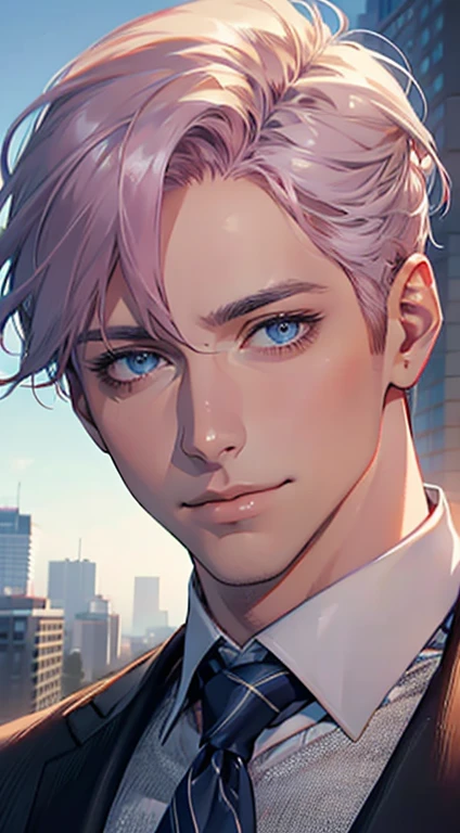 (Highest quality,4K,8K,High resolution,masterpiece:1.2),Super detailed,(Realistic,photoRealistic,photo-Realistic:1.37),1 person,31 years old,Mature Men,Beautiful skin、very handsome,Expressionless,smile,Short gray pink hair,blue eyes,Sharp Eyes,A perfect face without a doubt,Businessman,Office Background,Cinema Lighting,HDR image,tie、