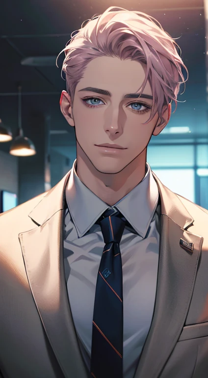 (Highest quality,4K,8K,High resolution,masterpiece:1.2),Super detailed,(Realistic,photoRealistic,photo-Realistic:1.37),1 person,31 years old,Mature Men,Beautiful skin、very handsome,Expressionless,smile,Short gray pink hair,blue eyes,Sharp Eyes,A perfect face without a doubt,Businessman,Office Background,Cinema Lighting,HDR image,tie、