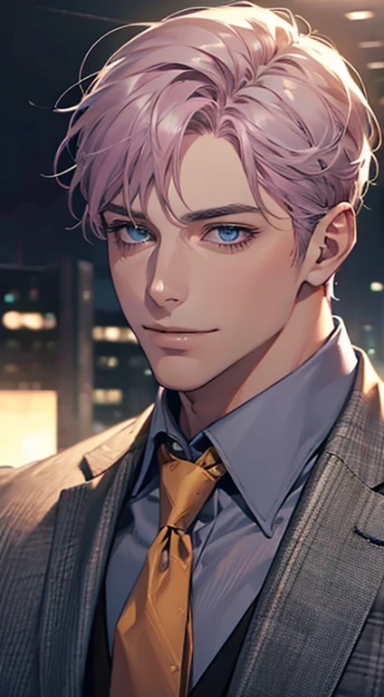 (Highest quality,4K,8K,High resolution,masterpiece:1.2),Super detailed,(Realistic,photoRealistic,photo-Realistic:1.37),1 person,31 years old,Mature Men,Beautiful skin、very handsome,Expressionless,smile,Short gray pink hair,blue eyes,Sharp Eyes,A perfect face without a doubt,Businessman,Office Background,Cinema Lighting,HDR image,tie、