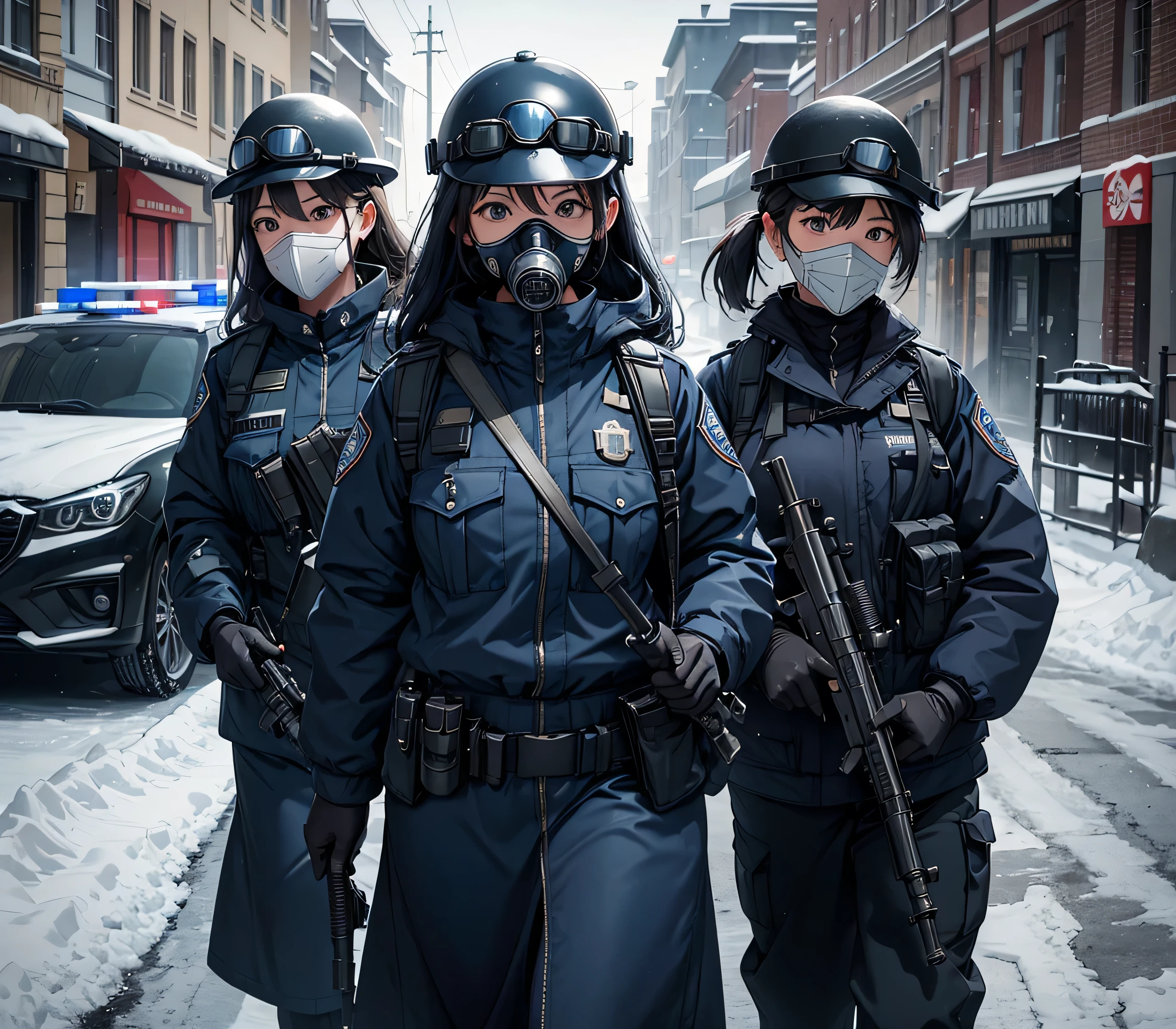 A group of female police officers all wearing dark blue thick coats、Wear a steel helmet、Gas Mask、Goggles、Patrol with guns、Snowy Street、Write details、masterpiece、best quality、Highly detailed CG、8K picture quality