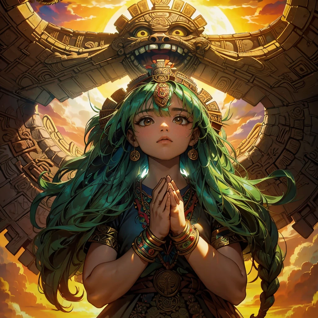 Childish, high quality、Very detailed、8Year、Mayan Aztec young priestess、Flying Feathered Serpent(Quetzalcoatl Kukulkan)Looking up at the sky and offering prayers、Chichen Itza Temple of the Sun in the Forest、mysterious、