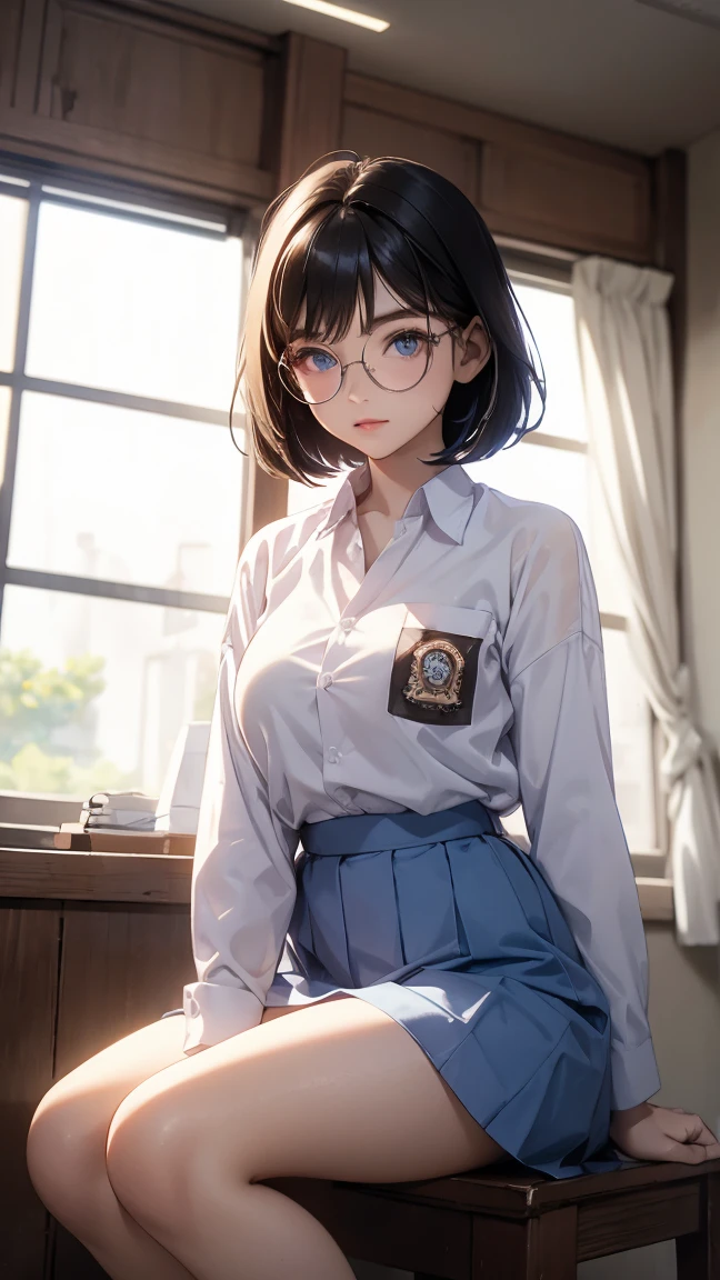 Best quality, 1 woman, , (short bob haircut, black hair), scared face expression, plump body, blue eyes, Indonesian high-school uniform, (wearing transparent white shirt, long sleeves), osis logo on shirt pocket, huge XL breasts, light-grey long skirt, sitting down, seductive pose, full body shot, shy face, blush, looking_at_viewer, glasses, black-framed eyewear, in the classroom,