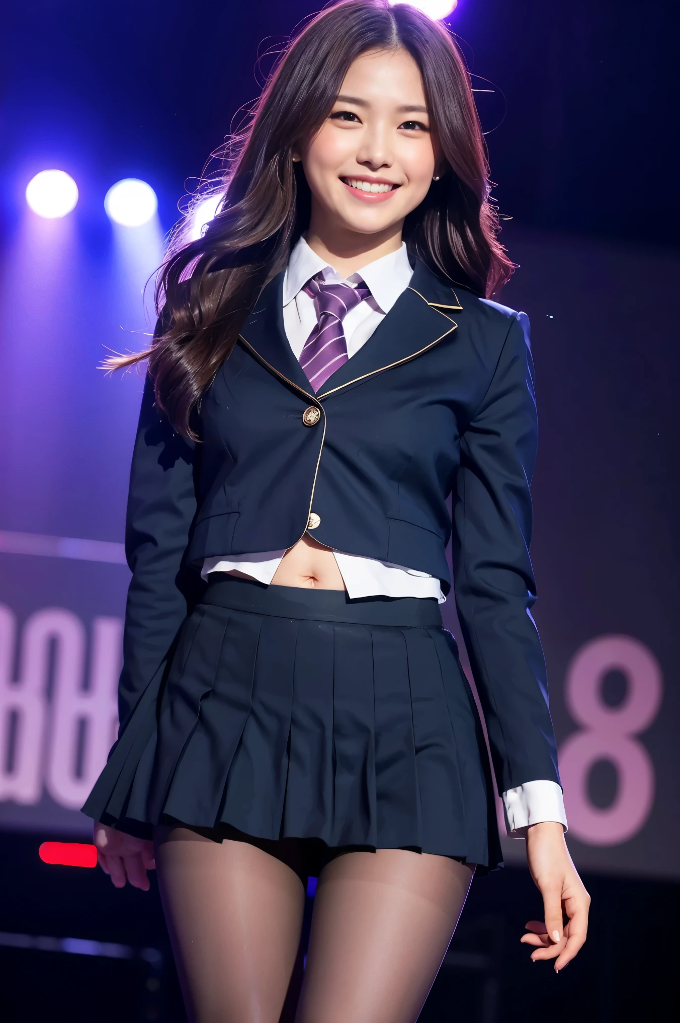 (8k), (highest quality: 1.2), (Realistic), (Realistic: 1.37), Ultra-high resolution, 1 girl, cute, (Embarrassed smile:1.2), (Blushing:1.4),Mouth closed, Beautiful details, Beautiful Nose, silky Hair, Thighs,Navel exposed,University Student Uniform,A simple dark blazer,Pleated skirt,Platform boots,Dancing on the school stage,(Shiny Thighs:1.2),Medium Shot,(sexy pantyhose:1.2)