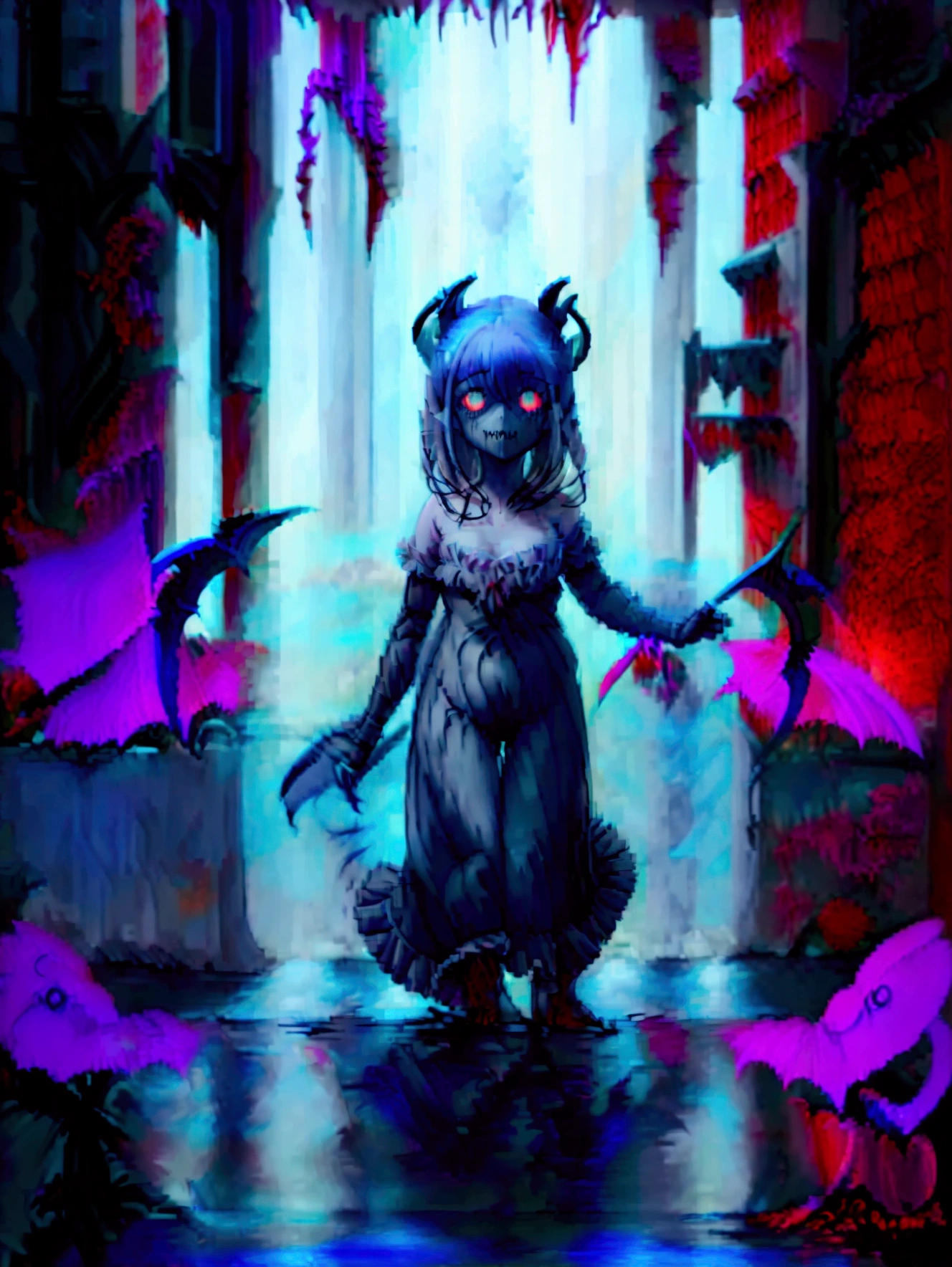 Absurd, High resolution、 ((Tabletop)), ((Highest quality)), (Very detailedな), ((Very detailed)), (beautiful), ((pretty girl)), (NFSW:1.8), alone,(10 years old:1.6)、(world&#39;The most terrifying and creepy demon girl:1.5)beautiful face、Whole Body Ezbian、pale, Clear Skin、beautiful黒の髪、Smiling Kindly、Dark building ruins、(snow white&#39;Frill dress:1.3)、(The dark ruins are stained with blood:1.3)、Low angle full body shot、(Girl standing in a pool of blood:1.5)、(The ground is full of blood:1.3)、(The girl lost a lot of blood..:1.3)、)、(Crazy Smile:1.6)、Spirits、(Blood dripping from the mouth:1.3)