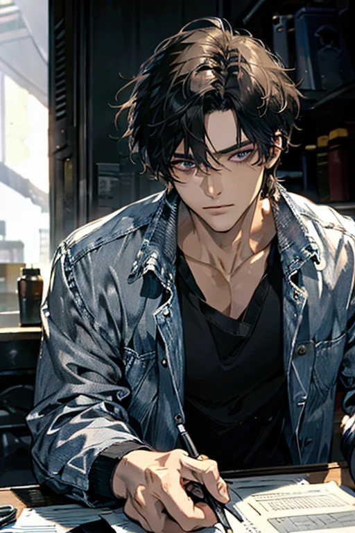 (Best Quality,4k,8k,high resolution,Masterpiece:1.2),ultra detailed,(realist,photorealist,photo-realist:1.37),1 man,31 years,mature man,muscular,square jaw,very handsome,without expresion,short gray black hair,hairstyle,Blue eyes,glare,perfect face without mistakes,imposing posture,collar jacket,leather jacket,dark background,cinematic lighting,imagen HDR