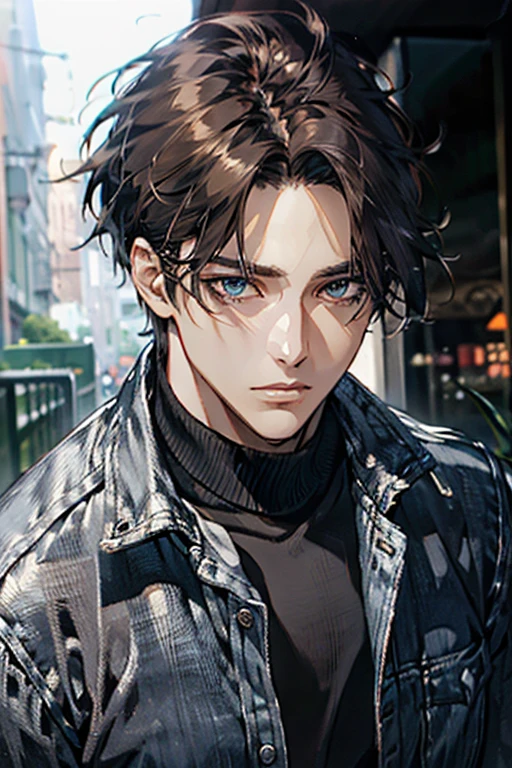 (Best Quality,4k,8k,high resolution,Masterpiece:1.2),ultra detailed,(realist,photorealist,photo-realist:1.37),1 man,31 years,mature man,muscular,square jaw,very handsome,without expresion,short gray black hair,hairstyle,Blue eyes,glare,perfect face without mistakes,imposing posture,collar jacket,leather jacket,dark background,cinematic lighting,imagen HDR