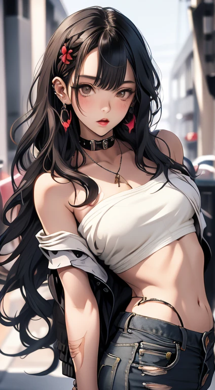 masterpiece, highest quality, pixiv, cool girl, the strongest pirate girl, topless, lips in love, dark brown hair, curly hair, dull bangs, straight bangs, gray eyes, white skin, gal, Improve