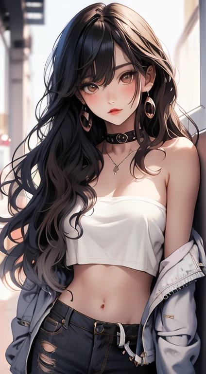 masterpiece, highest quality, pixiv, cool girl, the strongest pirate girl, topless, lips in love, dark brown hair, curly hair, dull bangs, straight bangs, gray eyes, white skin, gal, Improve