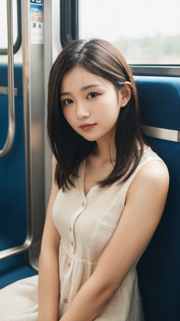 smile,One Japanese woman,(masterpiece, Highest quality, 8k, RAW Photos, beautifully、beautiful:1.2), Intricate details, indirect lighting, Realistic,
whole body, Sitting on a chair on the train、Gazing at the audience、Voyeur、
Square neck button-down linen sundress,
Women's training , Chair to sit under skirt,