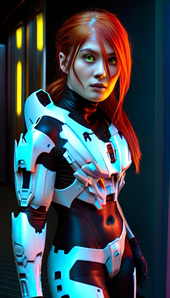 ((fall body)) 1 Girl、((glowing eyes, red eyes)), Medium Bust、solo、red Hair、covered navel, space helmet, muvluv,、Glued to Body Symbiote Style Futuristic Exoskeleton Futuristic Fire Suit Futuristic and Cybenetic Helmet with Ultra Realistic Neon Visor , Mobile Race Suit、Shoulder Armor、ceiling、Wide Shot、Looking Ahead、zipup suit 、Closed Mouth、Highest quality、medium quality、22 years old、Mobile Trace System、cockpit、Asian、CyborgCosplay RosamundPikeSDXL