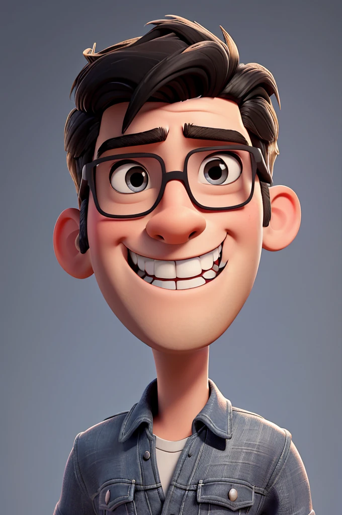 Disney-inspired untitled 3d poster/pixar. A young white man with black hair and blonde highlights and his hair is very very short and short, he is tall and wears black glasses he is smiling, with a cooler smile and wears braces and has a mole on the left side of his face, next to the nose. his face is oval with a broad forehead and he wears a thin silver cord. has tattoos on his arms and wears black denim shorts