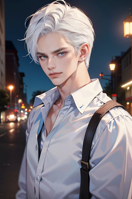 (tmasterpiece, high resolution, ultra - detailed:1.0), (1 boy, Young male, masculine face), Perfect male body, tall and strong, Adult male, Delicate eyes and delicate face, Extremely detailed CG, Unity 8k wallpaper, Complicated details, Detailed face, (white hair, messy hair, serious faces, white shirts,Bad students), (frown,evil smile:1.3), Outdoor, (Street at night), street style, color difference, Depth of field, dramatic shadow, Ray tracing, Best quality, Cinematic lighting, offcial art,Portrait