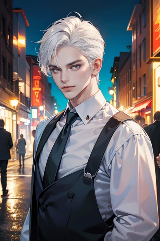 (tmasterpiece, high resolution, ultra - detailed:1.0), (1 boy, Young male, masculine face), Perfect male body, tall and strong, Adult male, Delicate eyes and delicate face, Extremely detailed CG, Unity 8k wallpaper, Complicated details, Detailed face, (white hair, messy hair, serious faces, white shirts,Bad students), (frown,evil smile:1.3), Outdoor, (Street at night), street style, color difference, Depth of field, dramatic shadow, Ray tracing, Best quality, Cinematic lighting, offcial art,Portrait