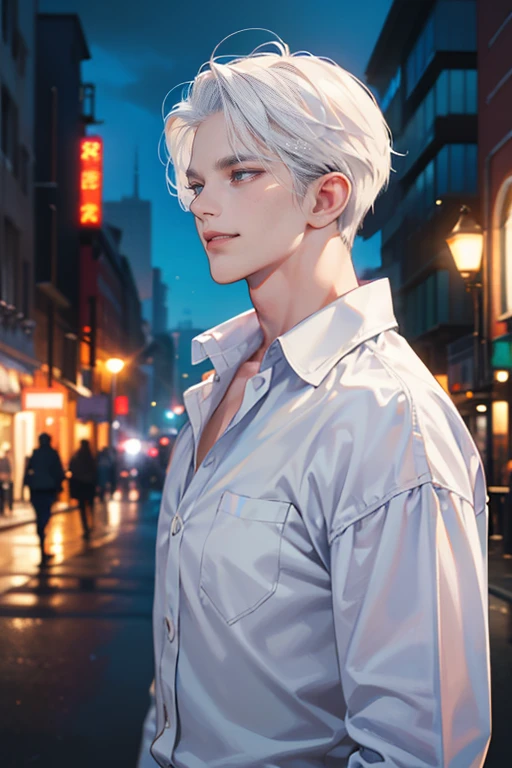 (tmasterpiece, high resolution, ultra - detailed:1.0), (1 boy, Young male, masculine face), Perfect male body, tall and strong, Adult male, Delicate eyes and delicate face, Extremely detailed CG, Unity 8k wallpaper, Complicated details, Detailed face, (white hair, messy hair, serious faces, white shirts,Bad students), (frown,evil smile:1.3), Outdoor, (Street at night), street style, color difference, Depth of field, dramatic shadow, Ray tracing, Best quality, Cinematic lighting, offcial art,Portrait