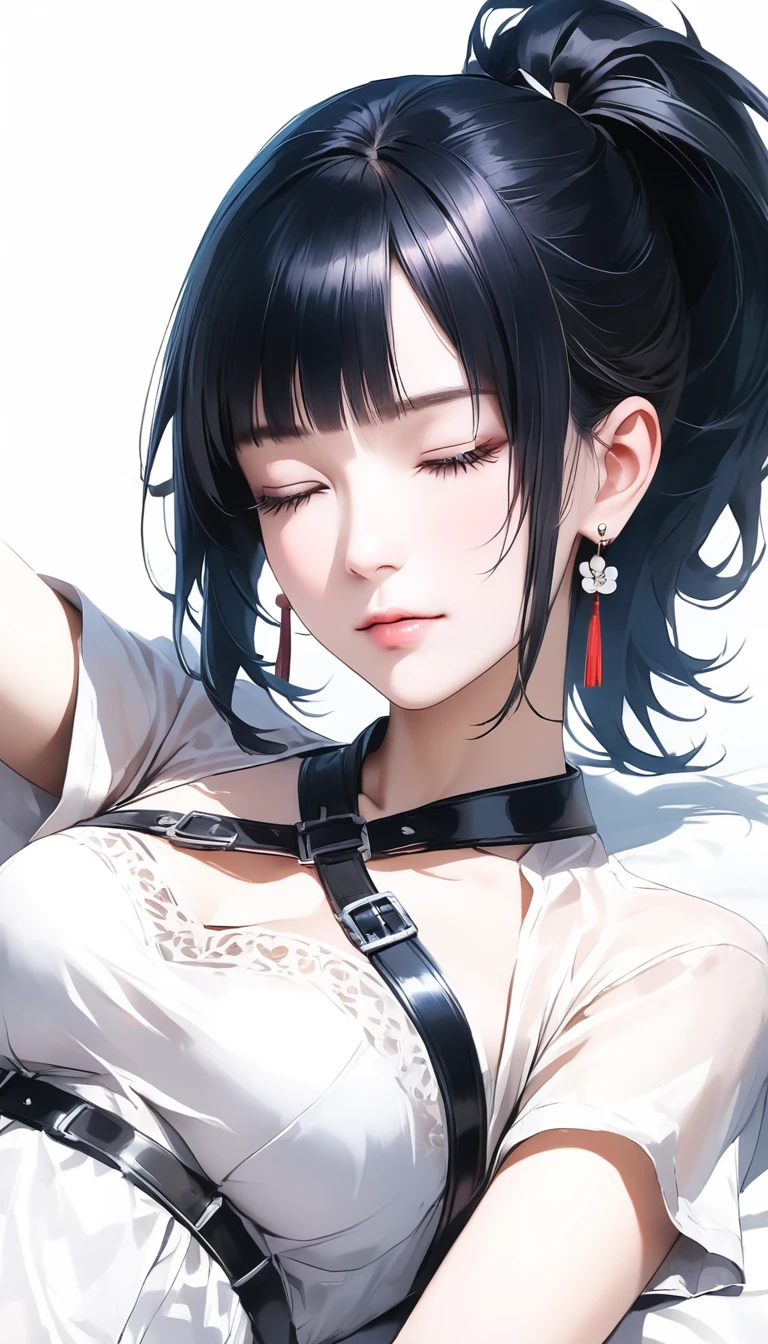 A beautiful Chinese woman with long black hair in a ponytail with bangs and earrings, wearing a white silk dress lying on a bed with her eyes closed, looking at the camera, with a chest belt around her neck, in the style of hyper realistic photography.