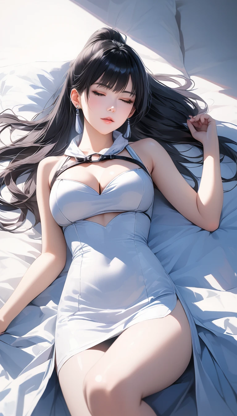 A beautiful Chinese woman with long black hair in a ponytail with bangs and earrings, wearing a white silk dress lying on a bed with her eyes closed, looking at the camera, with a chest belt around her neck, in the style of hyper realistic photography.