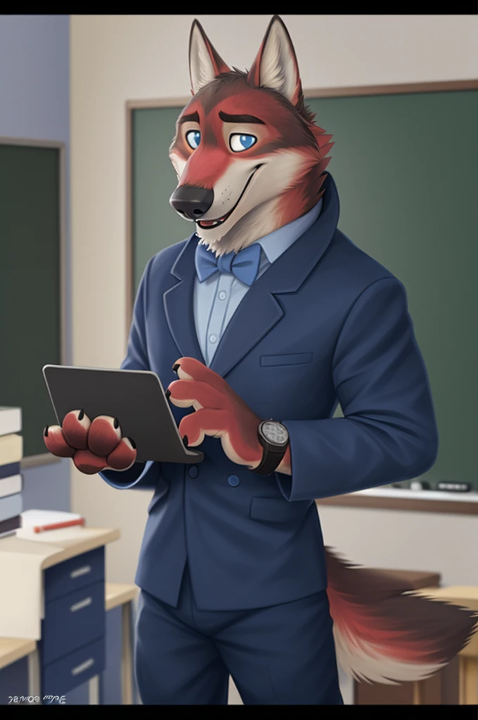Joachim Wolfbach (Zootopia),tall handsome, wolf,young, 24 years, brown fur,(red body:1.3),Blue eyes, Moscow Dressed jacket, shirt,Red bow tie,trousers, canine, wolf, detailed fur, Male, second, paw pads, finger claws,Holding a laptop in his hands, At the viewer, 5 fingers, paws, 5 fingers, smile, happy, resting, wrist watch, т nextel, сижу cabinetе, Class, school, by xenoforge, (difficult, high detail, film photography, soft focus, RAW, pilot in training,smile смех, teacher школы, cabinet, Class,teacher, standing at the blackboard, open mouth, teaches photorealism, realistic, photorealistic, analog style, subsurface scattering,
masterpiece, Best quality, ultra realistic, 8 thousand.)