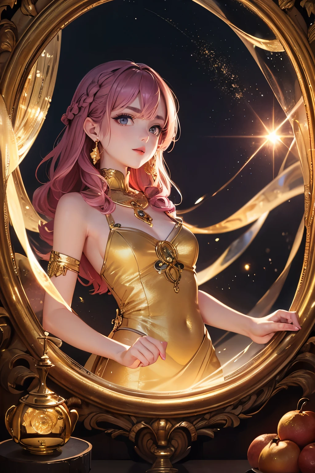 (Highest quality、Highest quality、Masterpiece、Very delicate、Very detailed、Exquisite、16K、Full HD)、1 female、(Alchemist)、(Golden dress、gem、Silver decoration、Copper-colored decoration)、Small breasts、Perfect body line、Glowing Skin、(Groomed eyebrows、Pink Lips、Black Eyeysterious Face)、(Seven-colored hair、Braid、Medium Hair、Shiny Hair、Golden monocle)、Dramatic lighting、(universe、Black Hole)