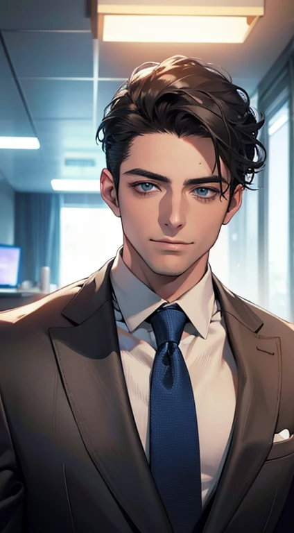 (best quality,4k,8k,highres,masterpiece:1.2),ultra-detailed,(realistic,photorealistic,photo-realistic:1.37),1 man,31 years old,mature man,very handsome,without expression,smile,short grey black hair,blue eyes,penetrating gaze,perfect face without errors,imposing posture,businessman,office background,cinematic lighting,hdr image