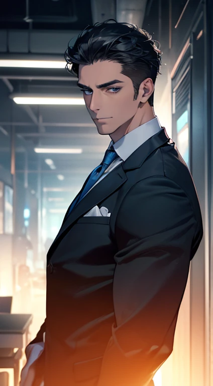 (best quality,4k,8k,highres,masterpiece:1.2),ultra-detailed,(realistic,photorealistic,photo-realistic:1.37),1 man,31 years old,mature man,very handsome,without expression,smile,short grey black hair,blue eyes,penetrating gaze,perfect face without errors,imposing posture,businessman,office background,cinematic lighting,hdr image