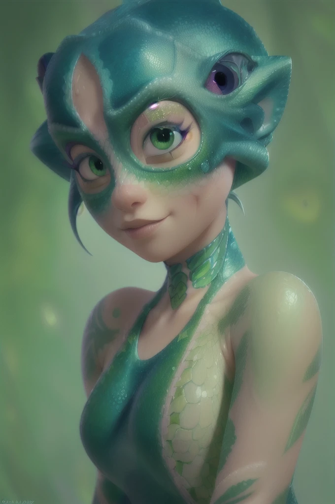 a woman with a green chameleon mask, realistic detailed scales, intricate tattoos, striking green eyes, pool blue eyes, 3D render, highly detailed, photorealistic, dramatic lighting, cinematic composition, artstation, concept art, masterpiece, olhos detalhados, olhos perfeitos, feliz, rosto perfeito, animação Pixar