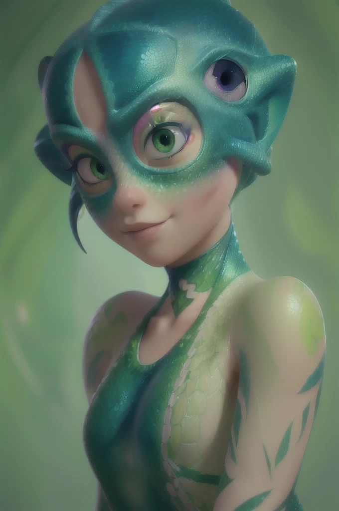 a woman with a green chameleon mask, realistic detailed scales, intricate tattoos, striking green eyes, pool blue eyes, 3D render, highly detailed, photorealistic, dramatic lighting, cinematic composition, artstation, concept art, masterpiece, olhos detalhados, olhos perfeitos, feliz, rosto perfeito, animação Pixar 