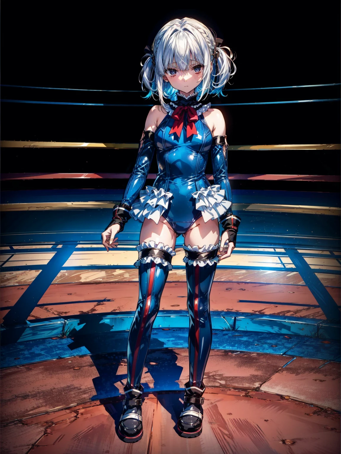 Masterpiece, Very detailed, Highest quality, Sharp focus, 12k, ultra hi resolution picture, big ,12k,Perfect Anatomy, Highest quality,,(Emotionless:1.4)
,Anime Style,(frilled swimsuit,thighhighs,detached sleeves), (Anime Style:1.6) ,
,(White fingers:1.2,Black gloves),
(Inside the fighting arena:1.2),,(full body:1.3),(1幼i女:1.4)
