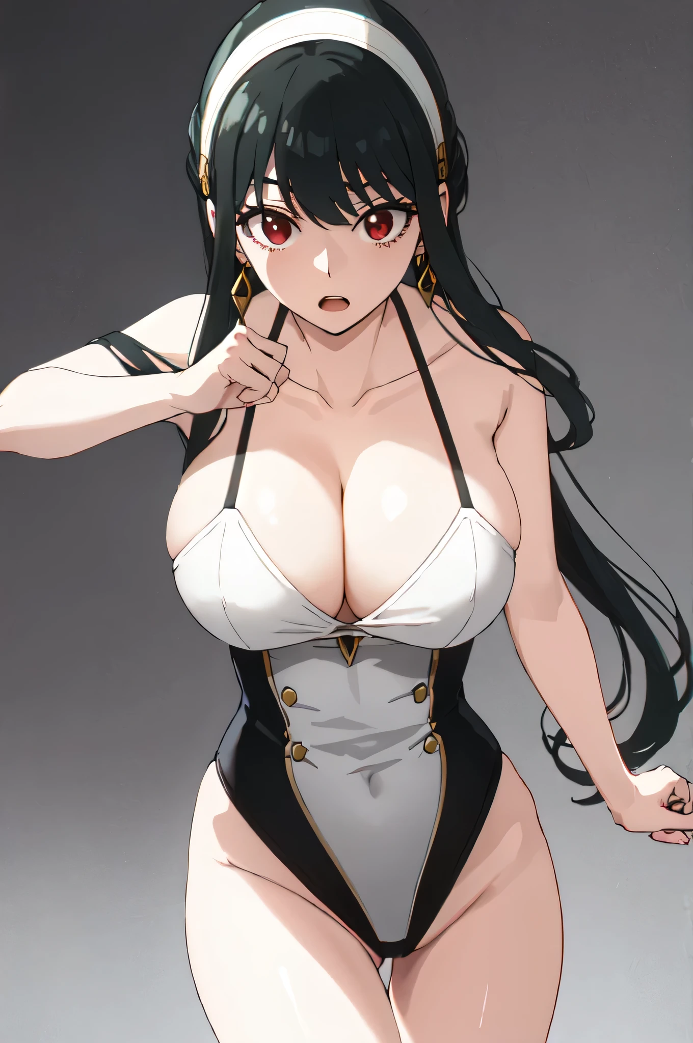 Yor briar、solo、One woman、Black Hair、bangs、Big Breasts、cleavage、collarbone、A woman with very large breasts、Red Eyes、Toned body、Fighting Pose、leotard、Gold earrings、gold hair band、hair band、jewelry、Long Hair、Female focus、View your viewers、Cowboy Shot、Black leotard、The leotard has a high neck、The sleeves of the leotard are sleeveless、The leotard has a high-cut waist、white hair band、Holding one knife、Knife blood、Black background、(((masterpiece, Highest quality, High resolution)))、