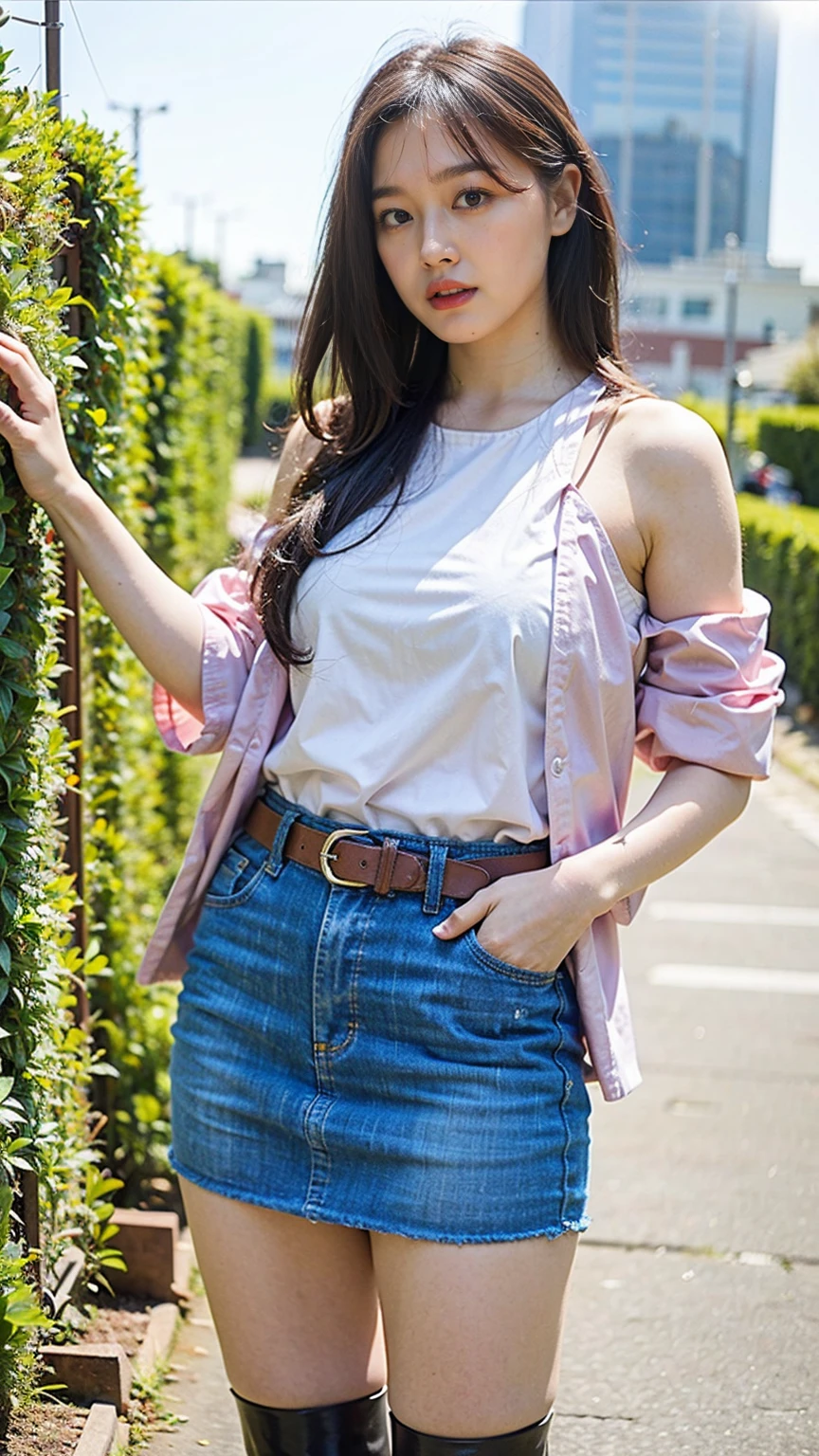 (8k、RAW Photos、Highest quality、masterpiece:1.2)、(Realistic、Realistic)、1 Girl、((Shoulder strap、pink、check、Exposed、belt、See-through、mini skirt、Frilledium Hair、smile、whole body、See-through、boots、garden、View from the front、Looking at the camera、Hands on your hips))、cute