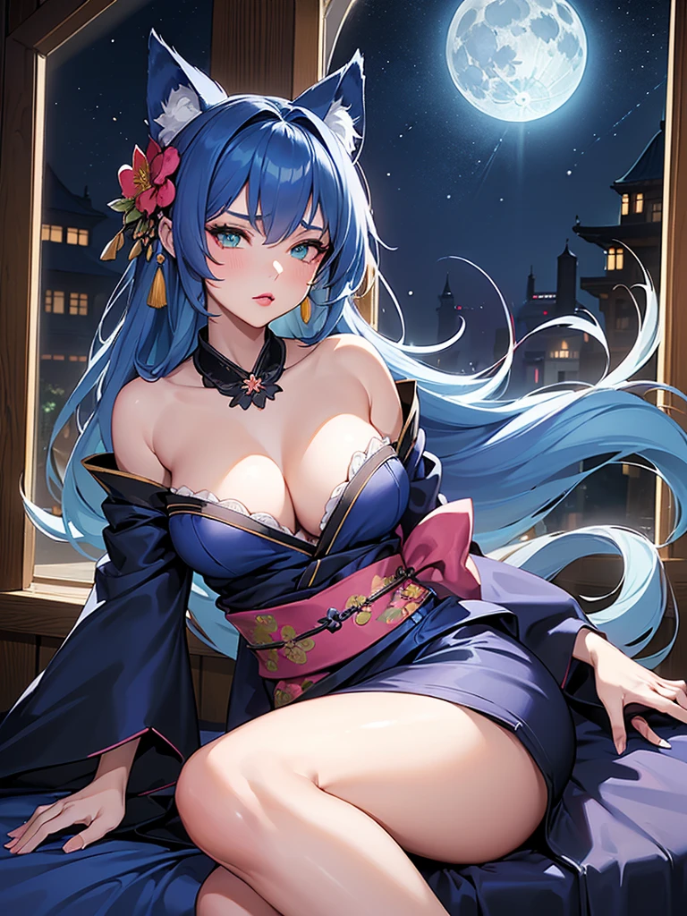 (super detailed:1.3), ((((best quality)))), ((masterpiece)), female kitsune, blue hair, long flowing hair, big green eyes, pink lipstick, full lips, (outfit between a black kimono and cocktail dress), (silky fabric), (low-cut neckline), (form-fitting waist), (short, asymmetrical skirt), (delicate floral patterns on the fabric), (sash tied around the waist with a large bow), (fox ears and fluffy tail), (bare shoulders), (elegant and sexy), (traditional meets modern style),(medieval Europe apartment background), window, (nighttime, blue moon,starry sky :1.2),((dark blue hair, light blue undertones:1.2)),angry expression,(dagger strapped to leg),medium breasts