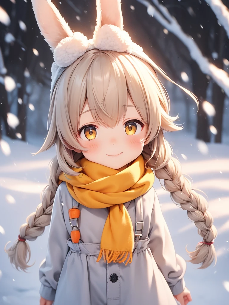 1girl, solo, long hair, looking at viewer, smile, bangs, blonde hair, shirt, hair ornament, animal ears, bunny ears, closed mouth, yellow eyes,Yellow scarf, little carrot in the scarf, white shirt, upper body, braid, flower , collared shirt, hair flower, rabbit ears, double braids, bell, suspenders, jumpsuit, head crown, yellow scarf, carrot designs on scarf, outdoors, Snow and various trees