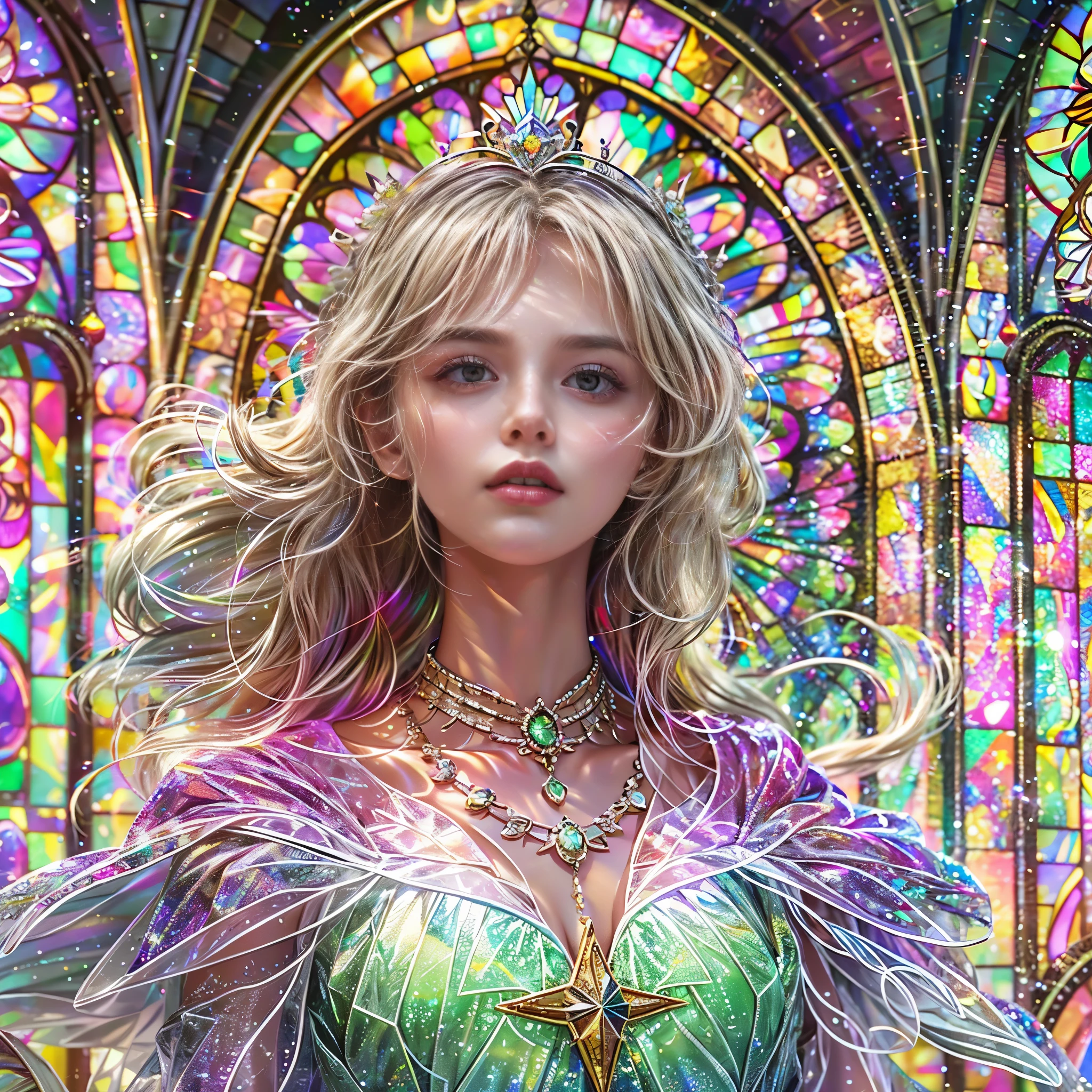 (Cathedral from below:1.28) (ZoomLayer) ((TopQuality 8K masterpiece of (Professional photo:1.37)), (((Clarisse de Cagliostro))) (Detailed White WeddingDresses), Chain, (((Extremely detailed KAWAII face))) {((VeiledFace))|BlondeHair|(Elaborate BuleEyes)with(SparklingHighlights:1.28)}, The background is distant (((Elaborate stained glass))) Rainbow Glass, {(MysticSight)|EnchantingAtmosphere|Haze|(GodRays)|TyndallEffect}, Radiant PearlSkin with Transparency, (Exposed:0.64)