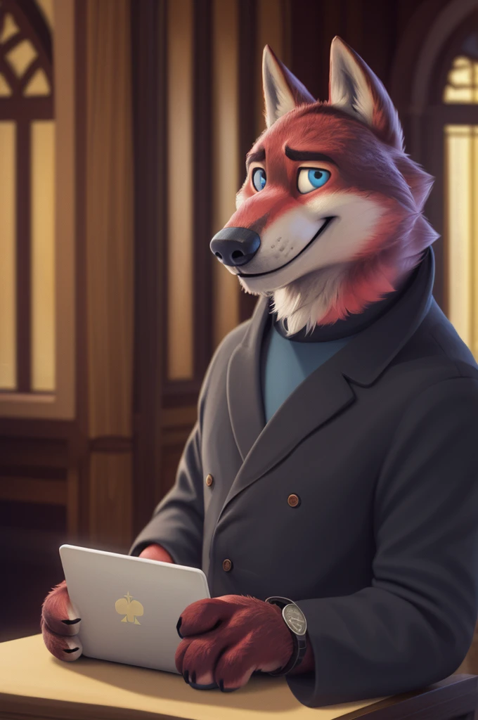 Joachim Wolfbach (Zootopia),tall handsome, wolf,young, 24 years, brown fur,(red body:1.3),Blue eyes, Moscow Dressed,golden,priest,Russian Orthodox Church,shirt inside cassock,pectoral cross, canine, wolf, detailed fur, Male, second, paw pads, finger claws,Holding a laptop in his hands, At the viewer, 5 fingers, paws, 5 fingers, smile, happy, resting, wrist watch, т nextel, by xenoforge, (difficult, high detail, film photography, soft focus,,smile смех ,гуляет resting, goes to sing, 
photorealism, realistic, photorealistic, digital style, subsurface scattering, 
masterpiece, Best quality, ultra realistic, 8 thousand.)