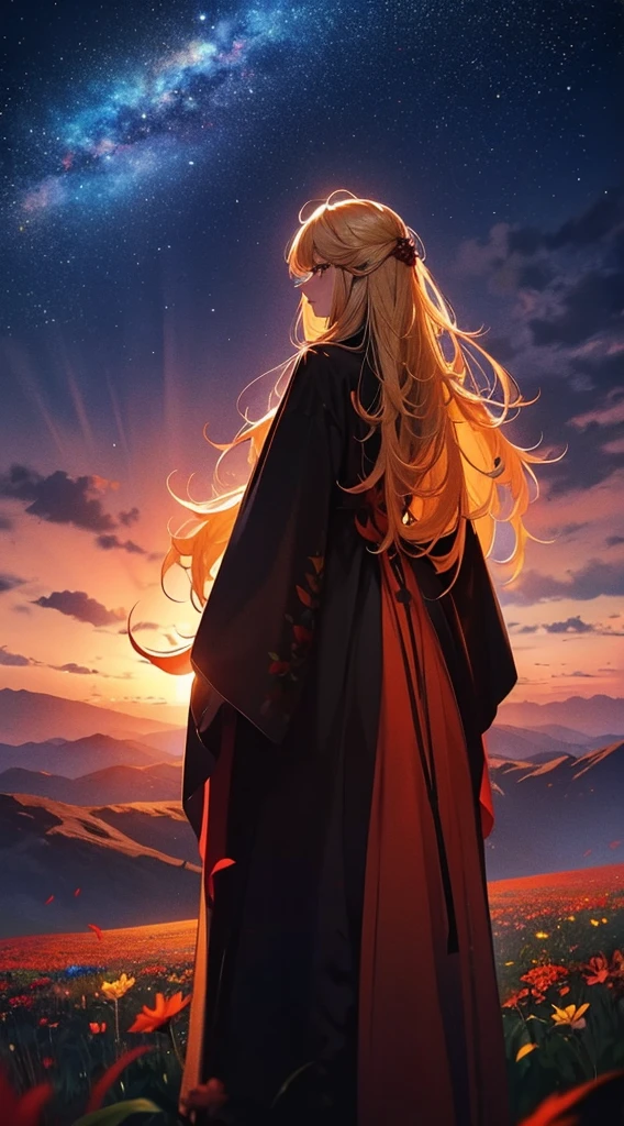 １people々々々々々,Blonde long-haired woman，Red long coat， Dress Silhouette， Rear View，Space Sky, Flower Field，Colorful flowers