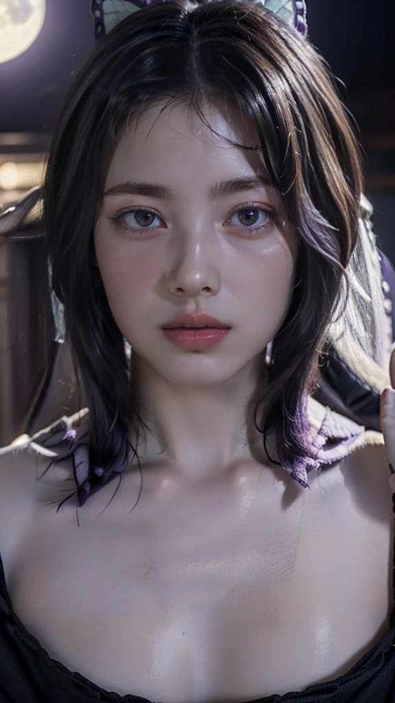 Moisturized skin, (purple eyes: 1.4), perfect body, (adult female body), embarrassed expression, shy, shy, does not make eye contact,
BREAK,
,bright red lipstick,
BREAK,
(long bangs at both ends: 1.2),(purple tips),
BREAK,
((masterpiece+best quality+high resolution+highly detailed)), (full body: 1.2),symmetrical, one shot,
BREAK,
(butterflies fluttering), (wind blowing),(battle stance: 1.4),((big full moon in the sky)),
BREAK,
(Kocho Shinobu: 1.3),dignified,