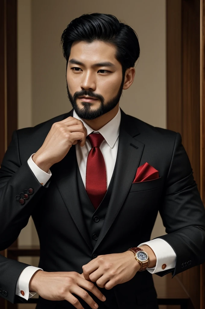 A powerful Korean man, make it look fine and masculine. make it full body, wearing a black 3-piece suit, with red and gold tie. That on your sleeves you have a pair of cufflinks or cufflinks with a pair of moons, type of emblem design with red color, gold and black. Have a beard and black hair, coffee reds and Durán and fine features