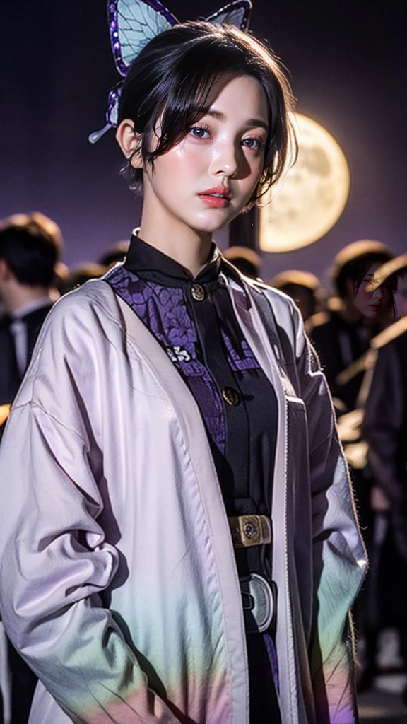 Moisturized skin, (purple eyes: 1.4), perfect body, (adult female body), embarrassed expression, shy, shy, does not make eye contact,
BREAK,
,bright red lipstick,
BREAK,
(long bangs at both ends: 1.2),(purple tips),
BREAK,
((masterpiece+best quality+high resolution+highly detailed)), (full body: 1.2),symmetrical, one shot,
BREAK,
(butterflies fluttering), (wind blowing),(battle stance: 1.4),((big full moon in the sky)),
BREAK,
(Kocho Shinobu: 1.3),dignified,