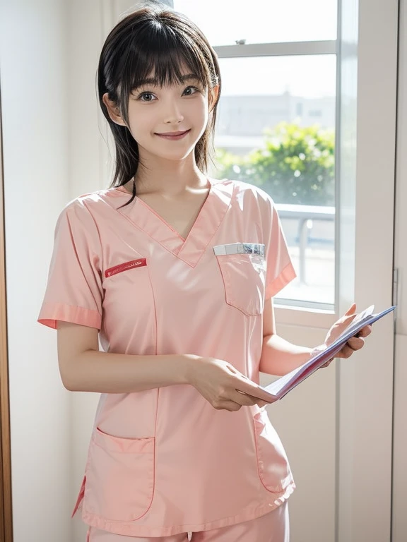girl, alone, bangs, Medical scrub、Female nurse、Hold in hand、Short sleeve、Long trousers、(ID card)、strap, State Scope、Bright smile、hospital、hospitalの廊下、Warm lighting、sense of cleanliness