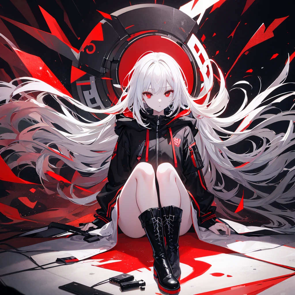 (masterpiece,Highest quality,Anime Style,atmosphere,More Information,CG rendering,Ray Tracing,Top light)(Holographic Projection,White Hair,長いWhite Hair,Hair Straightening,Red Eyes,black jacket with black hood,Black boots,Surrounded by red particles),Solo、Sitting、Background to the near future
