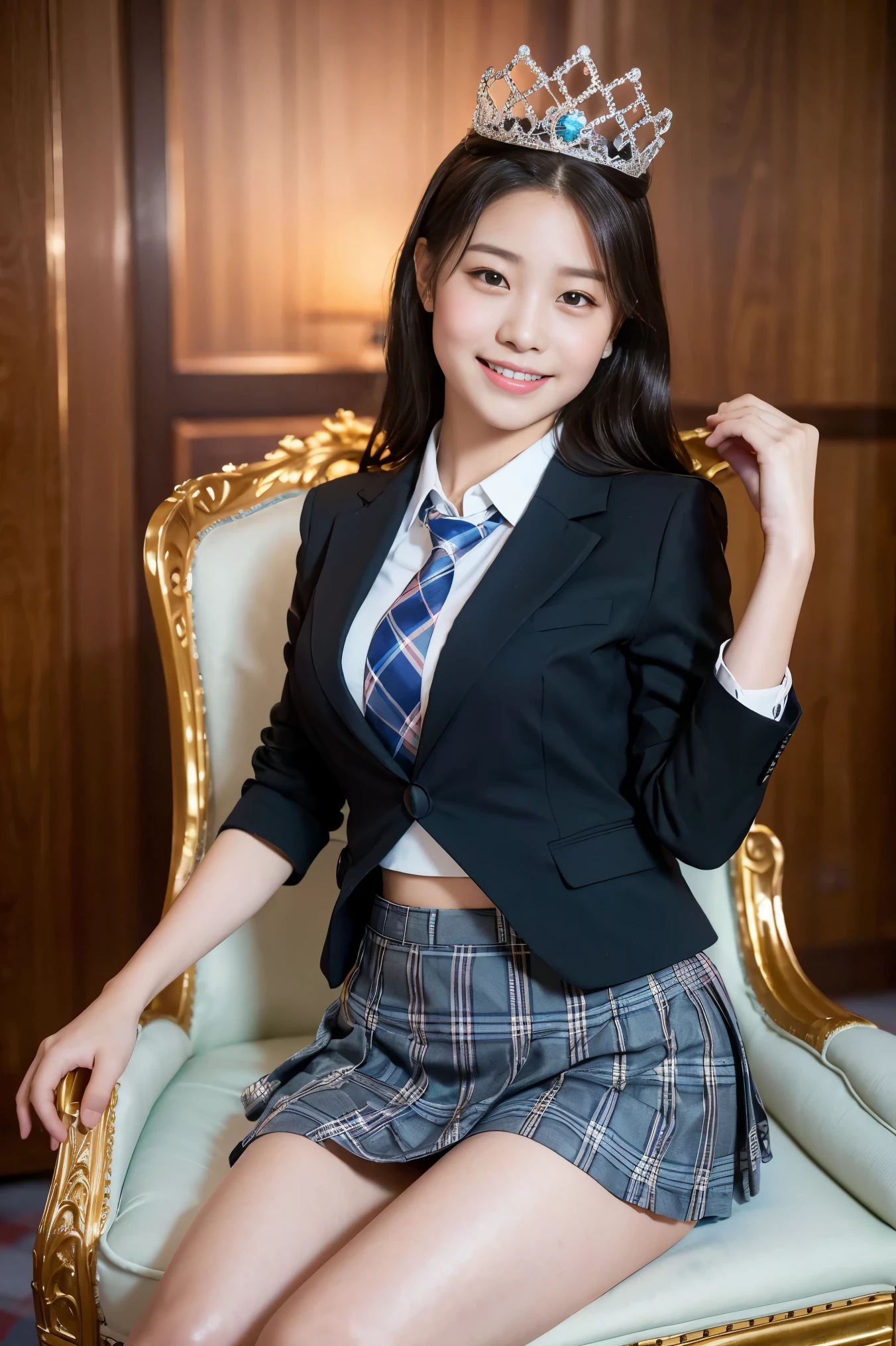 (8K), (highest quality: 1.2), (Realistic), (Realistic: 1.37), Ultra-high resolution, 1 girl, cute, (Embarrassed smile:1.2), (Blushing:1.4),Mouth closed, Beautiful details, Beautiful Nose, black straight Hair, giant dulcefo, pork, Thighs,Navel exposed,University Student Uniform,A simple blazer,Pleated skirt,(The skirt and tie are tartan check pattern.:1.3), (sitting on chair of princess:1.2),(Shiny Thighs:1.2), medium shot ,(脚を閉じて:1.2),(tiara:1.5)