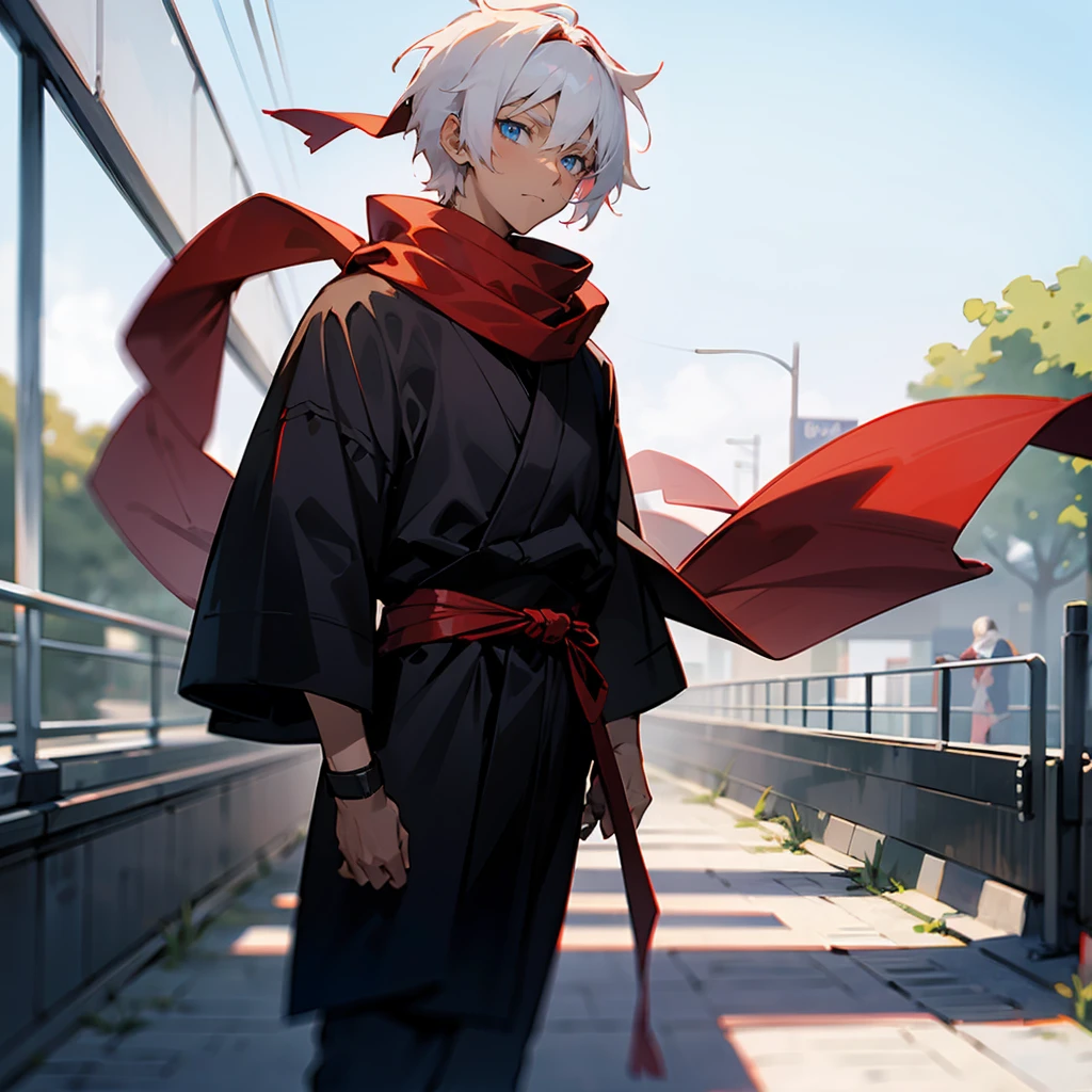 1male, Undercut Hair , Shaggy White Hair , Pale Blue Eyes , Dark Skin , Black Headband , Red Scarf, White Ninja Clothing , Calm Expression , Standing on Path